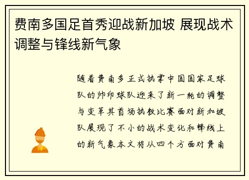 费南多国足首秀迎战新加坡 展现战术调整与锋线新气象 费南多国足首秀迎战新加坡 展现战术调整与锋线新气象