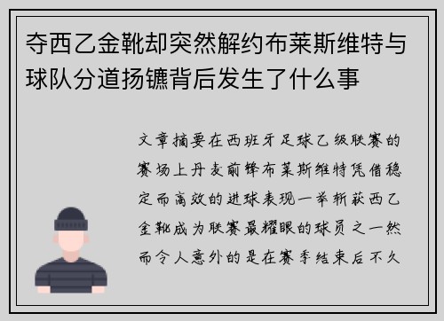 夺西乙金靴却突然解约布莱斯维特与球队分道扬镳背后发生了什么事 夺西乙金靴却突然解约布莱斯维特与球队分道扬镳背后发生了什么事